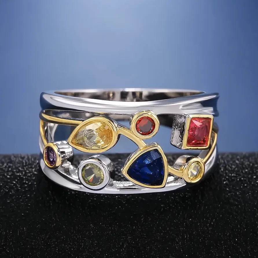 Women’s Geometric Party Ring with Round, Square, Pear & Triangle CZ Stones