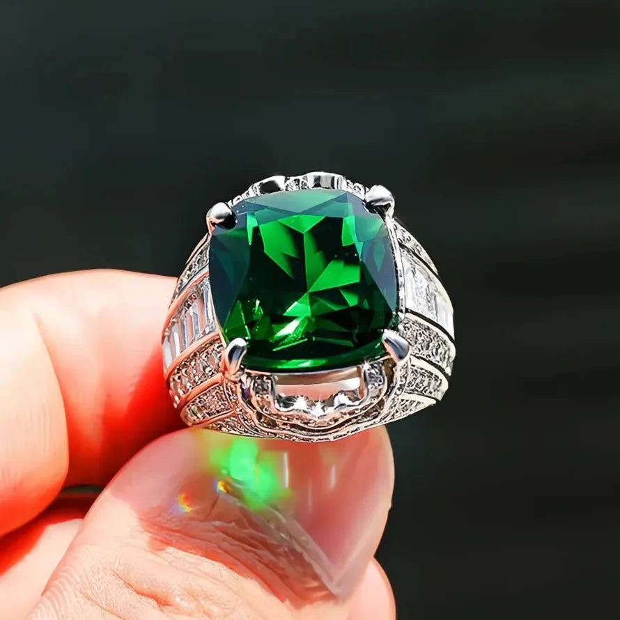 Square Green Stone Women Wedding Ring Micro Paved CZ Brass Engagement Jewelry