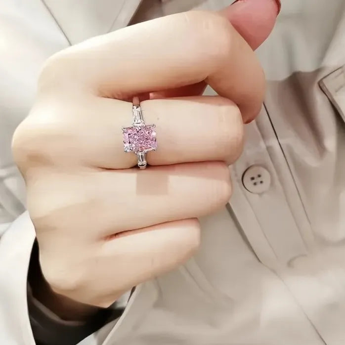 Square Pink Cubic Zirconia Brass Ring for Women Sweet Engagement Gift
