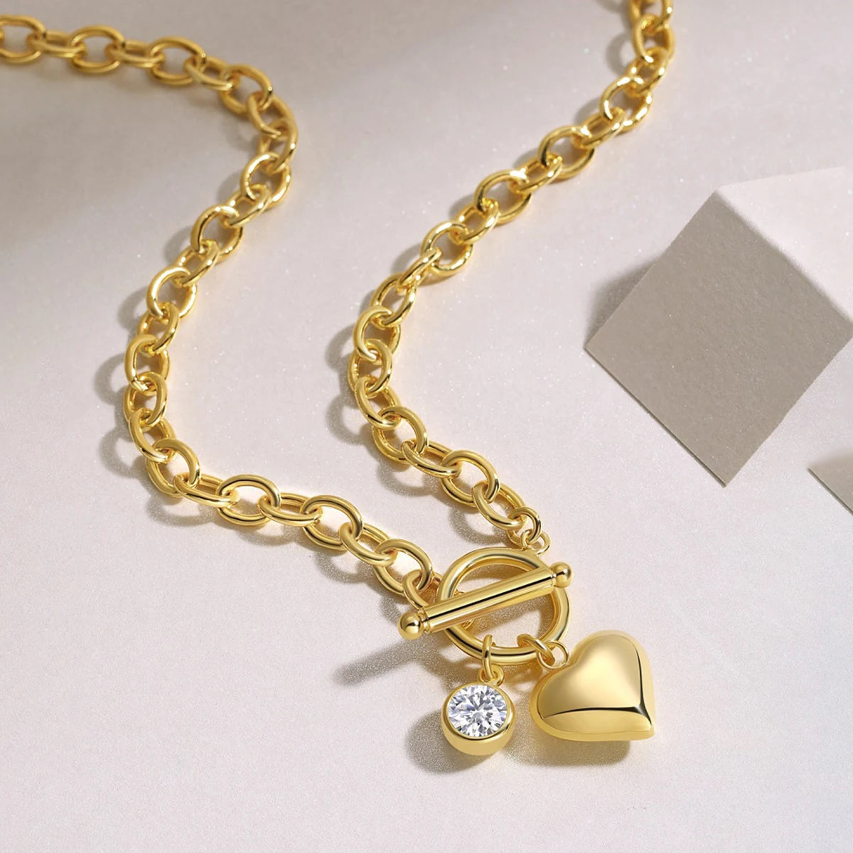 S925 Sterling Silver Toggle Chain Necklace 18K Gold Plated Heart Moissanite Jewelry Gift