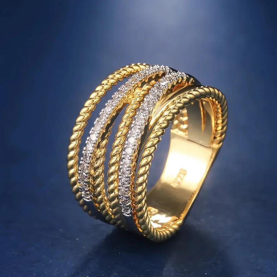 Gold Brass Women’s Twist Cross Ring with Micro Cubic Zirconia Wedding Jewelry