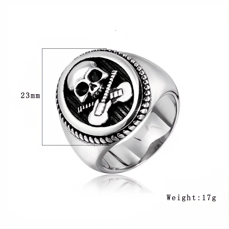 316L Stainless Steel Guitar Skull Ring Men Punk Rock Biker Signet Gold Silver Gift