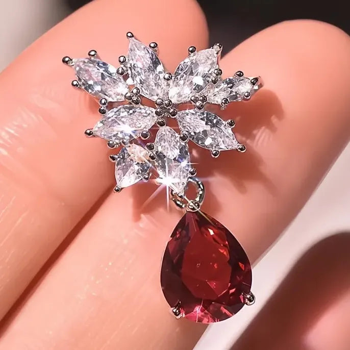 Red Water Drop Cubic Zirconia Dangle Earrings Copper Alloy Bridal Jewelry Women