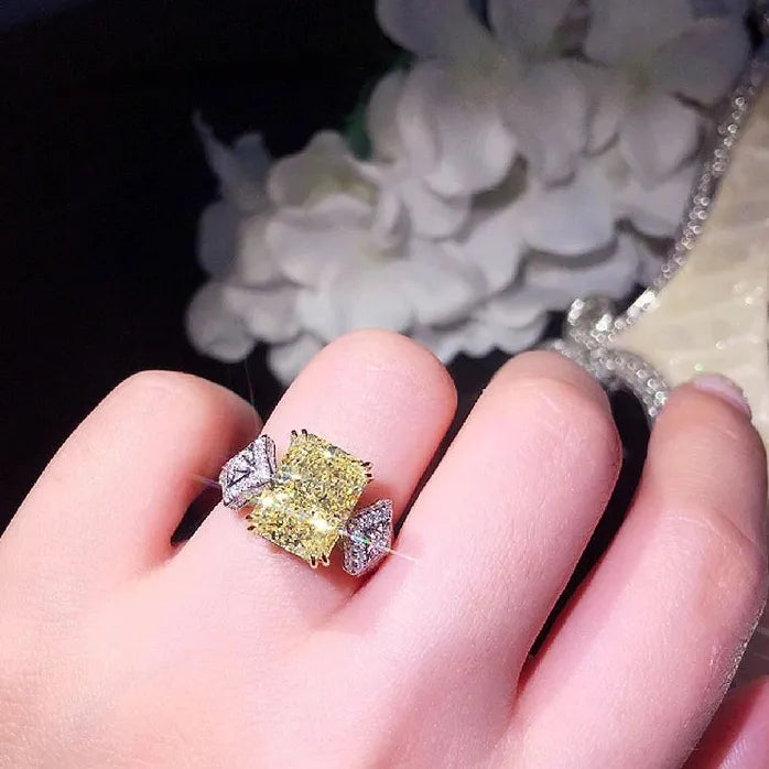 Women's Yellow Cubic Zirconia Square Stone Brass Wedding Statement Ring