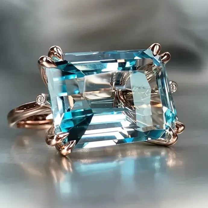 Rose Gold 4 Claw Sky Blue Rectangular Cubic Zirconia Geometric Ring