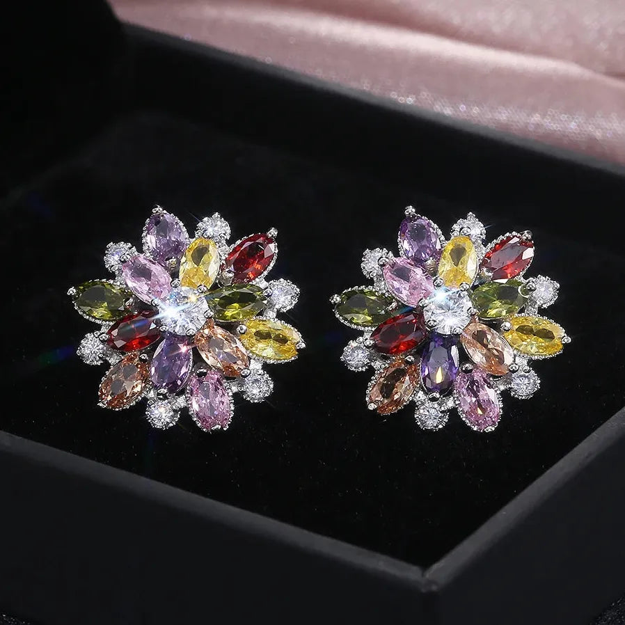 Double Layer Flower Stud Earrings for Women in 7 Colors with Cubic Zirconia