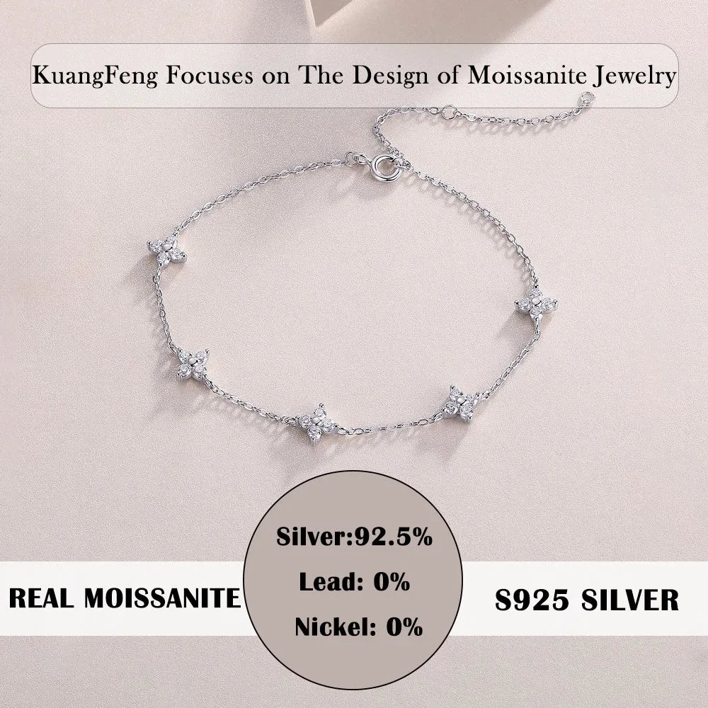 Moissanite Flower Bracelet 925 Sterling Silver 18K Gold Plated Adjustable GRA Certified Jewelry