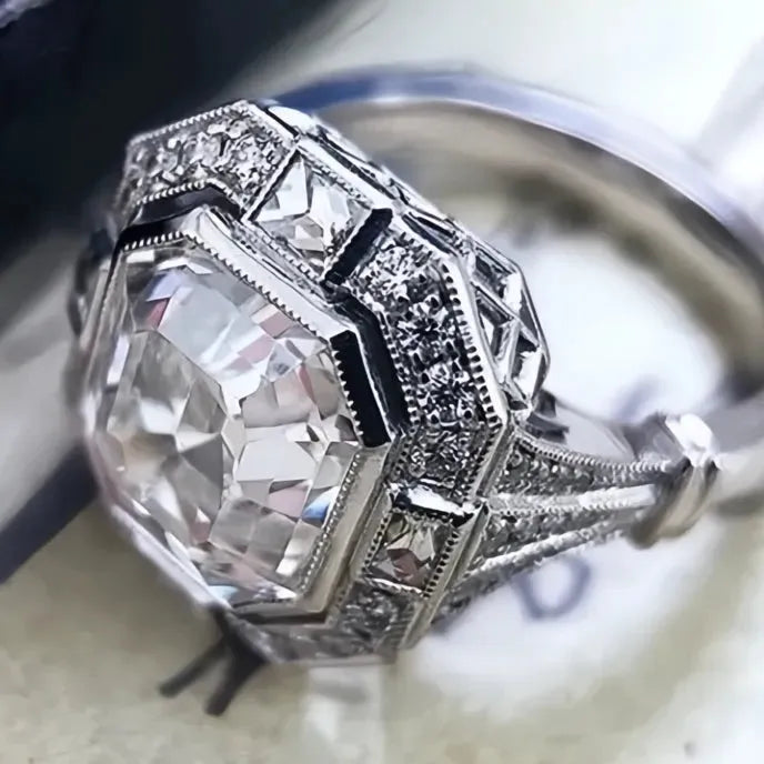 Elegant Women’s Silver Color Geometric Wedding Ring Prong-Set Cubic Zirconia Jewelry