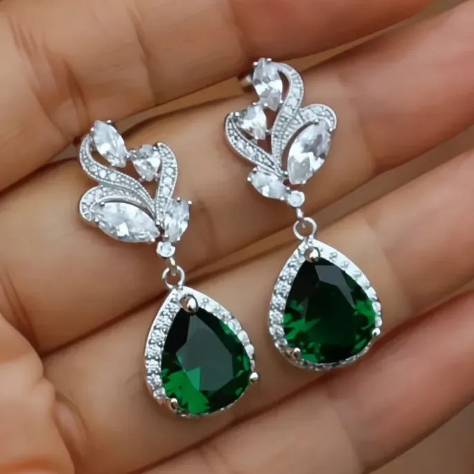 Aesthetic Green Pear Cubic Zirconia Drop Earrings Women Wedding Engagement Party Jewelry