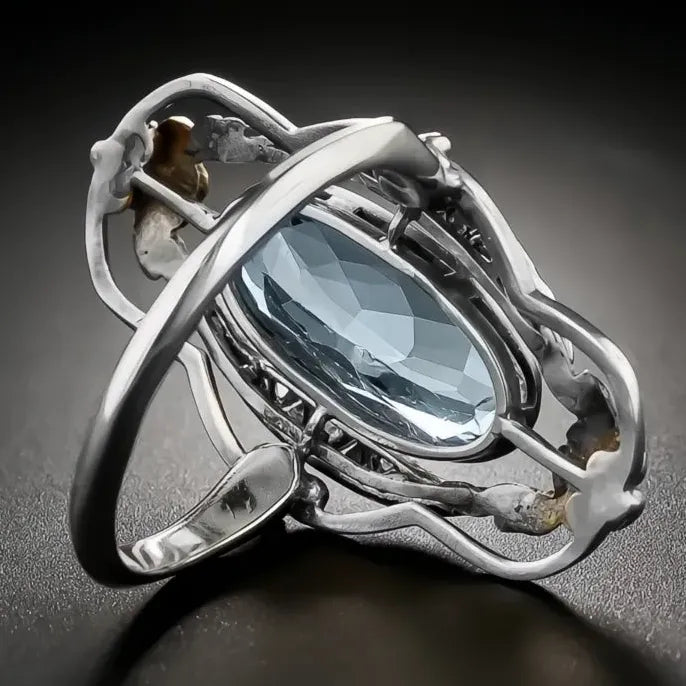 Vintage Two Tone Flower Design Women’s Ring with Inlaid Sky Blue Cubic Zirconia Party Jewelry Gift