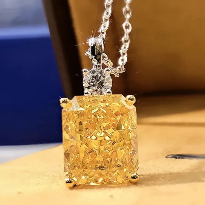Gorgeous Yellow Square Cubic Zirconia Pendant Necklace for Women Delicate Engagement Jewelry Gift