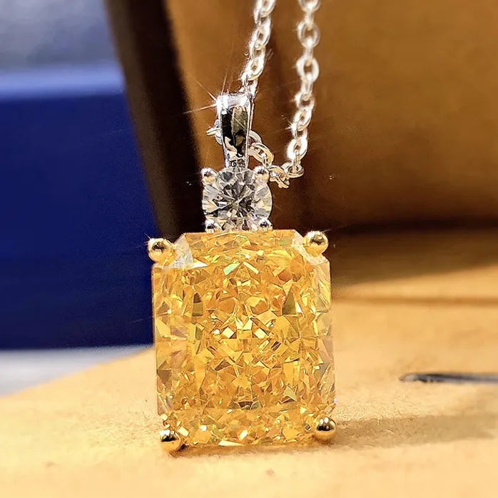 Yellow Square Cubic Zirconia Pendant Necklace Brass Engagement Gift