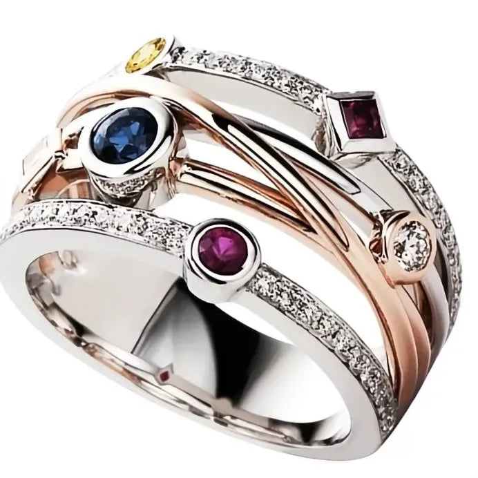 Women's Geometric Wedding Band Ring with Colorful Cubic Zirconia Stones