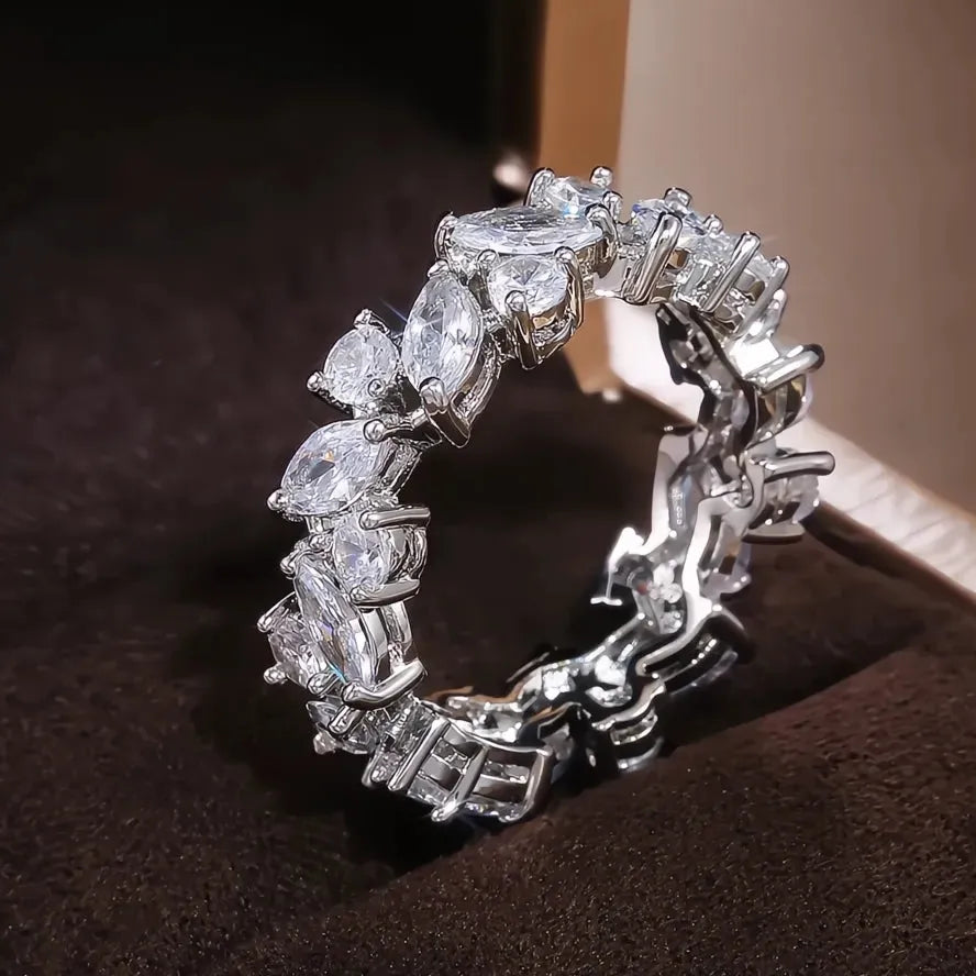 Romantic Bridal Wedding Ring for Women Brass Cubic Zirconia Marquise Round Irregular Band