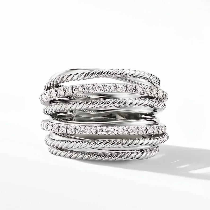 Silver Brass Geometric CZ Rings for Women Multiple Row Office Style Finger Rings