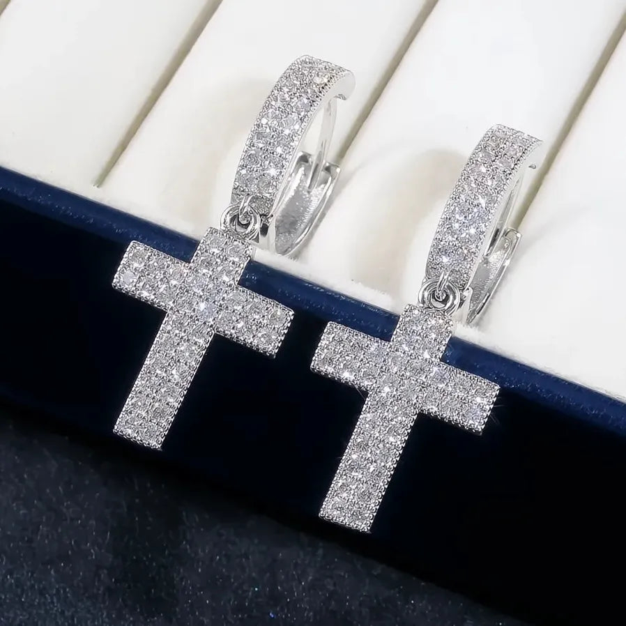 Luxury Korean Silver Cross Drop Earrings for Women with Cubic Zirconia