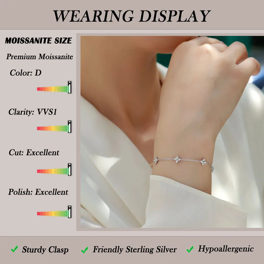 Moissanite Flower Bracelet 925 Sterling Silver 18K Gold Plated Adjustable GRA Certified Jewelry