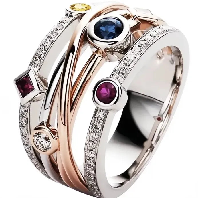 Women's Geometric Wedding Band Ring with Colorful Cubic Zirconia Stones