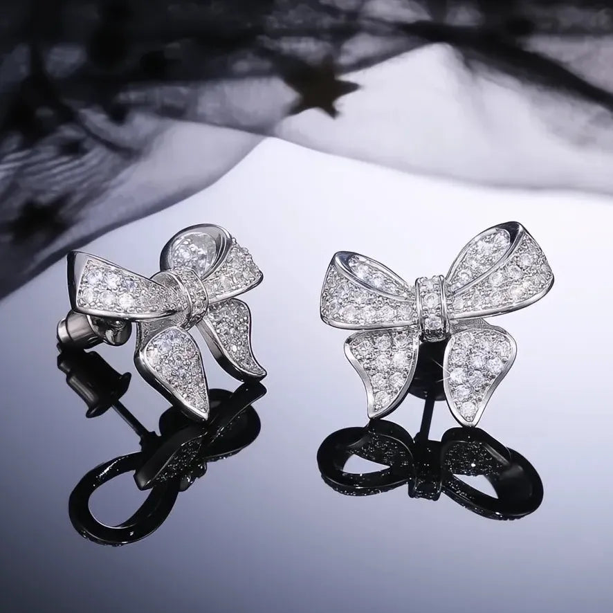 Romantic Bowknot Women Stud Earrings Cubic Zirconia Crystal Delicate Fashion Jewelry