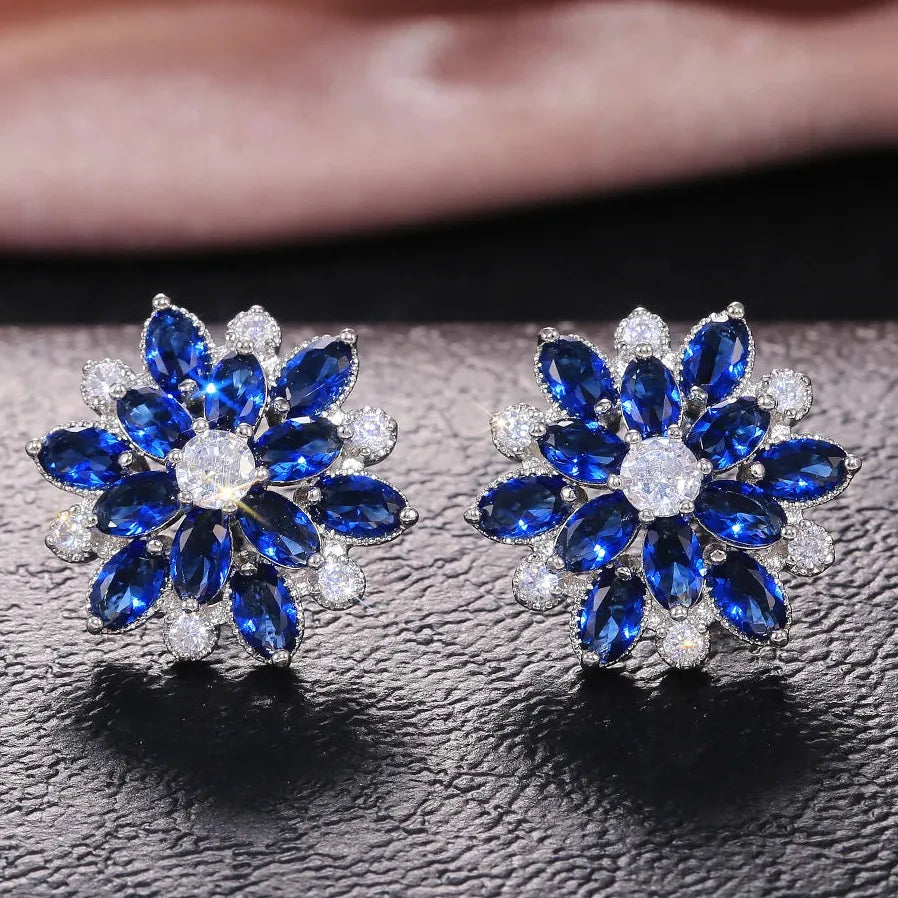 Double Layer Flower Stud Earrings for Women in 7 Colors with Cubic Zirconia