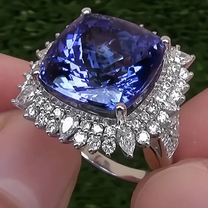 Blue Cubic Zirconia Geometric Brass Ring for Women Anniversary Gift