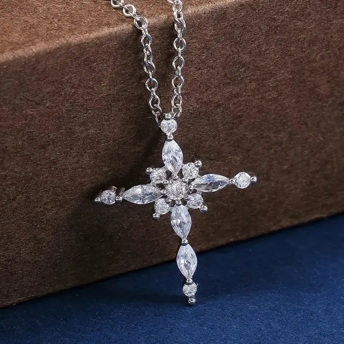 Geometric Crystal Zircon Cross Pendant Necklace for Women Jewelry
