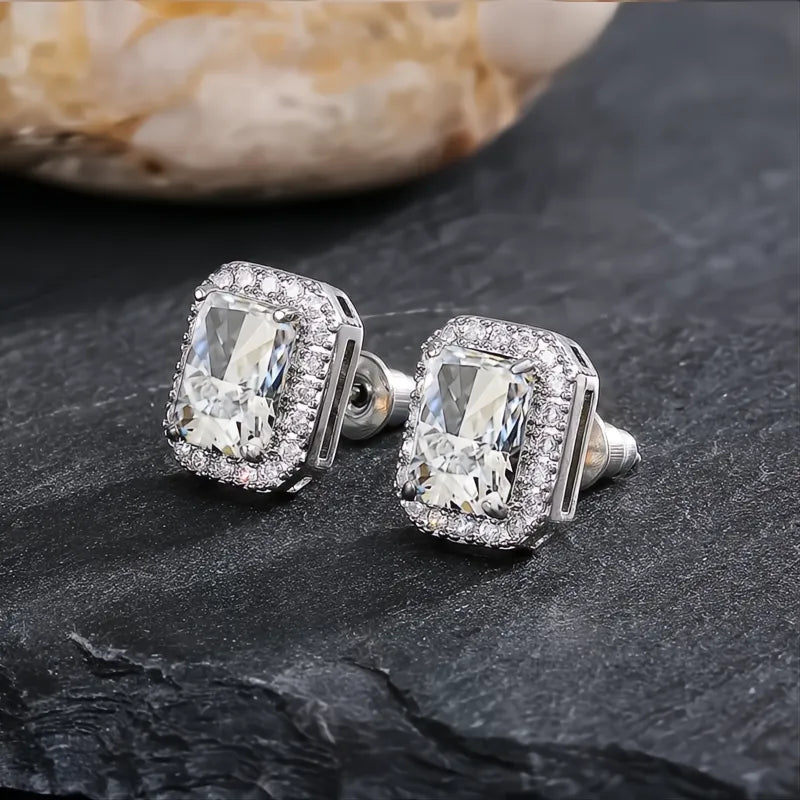 Rectangle Square Green Cubic Zirconia Stud Earrings for Women Elegant Party Anniversary Gift