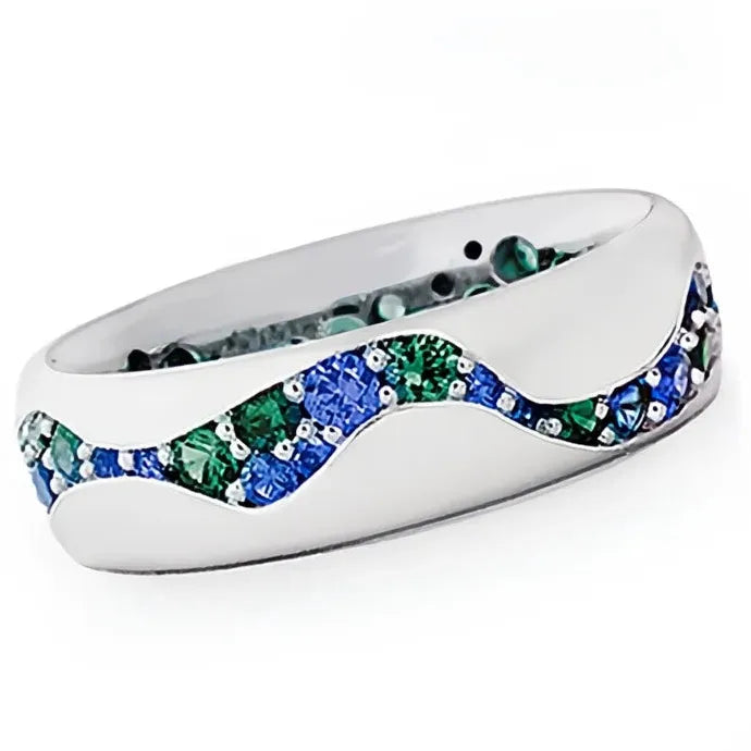 Silver Green Blue CZ Geometric Brass Band Ring for Women Stylish Jewelry