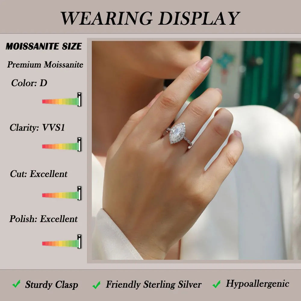 Marquise Cut Moissanite Ring Women D Color VVS1 S925 Silver Gold Plated Jewelry