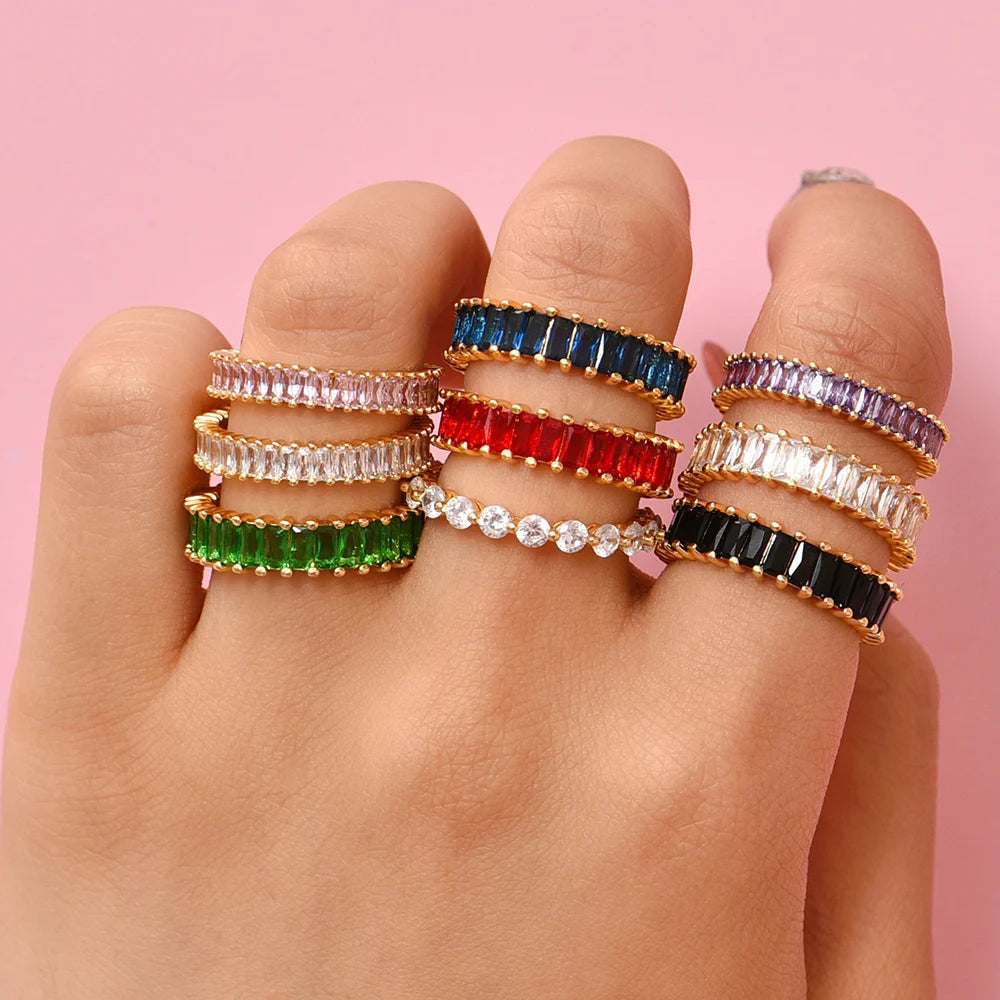 Trendy Gold Color CZ Zircon Metal Rings for Women Multicolor Stone Wedding Bands