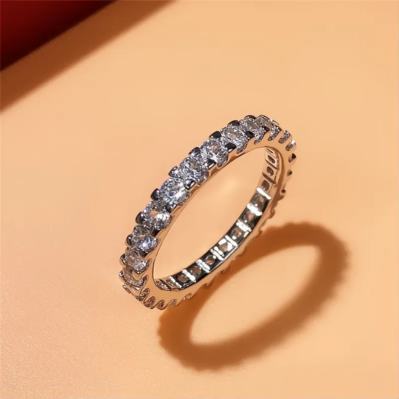 Trendy Thin Silver Color Band Ring with Shiny Cubic Zirconia for Women Daily Wear