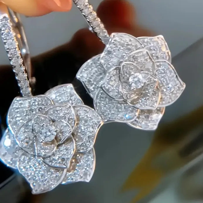 Luxury Geometric Flower Drop Earrings with Sparkling Cubic Zirconia