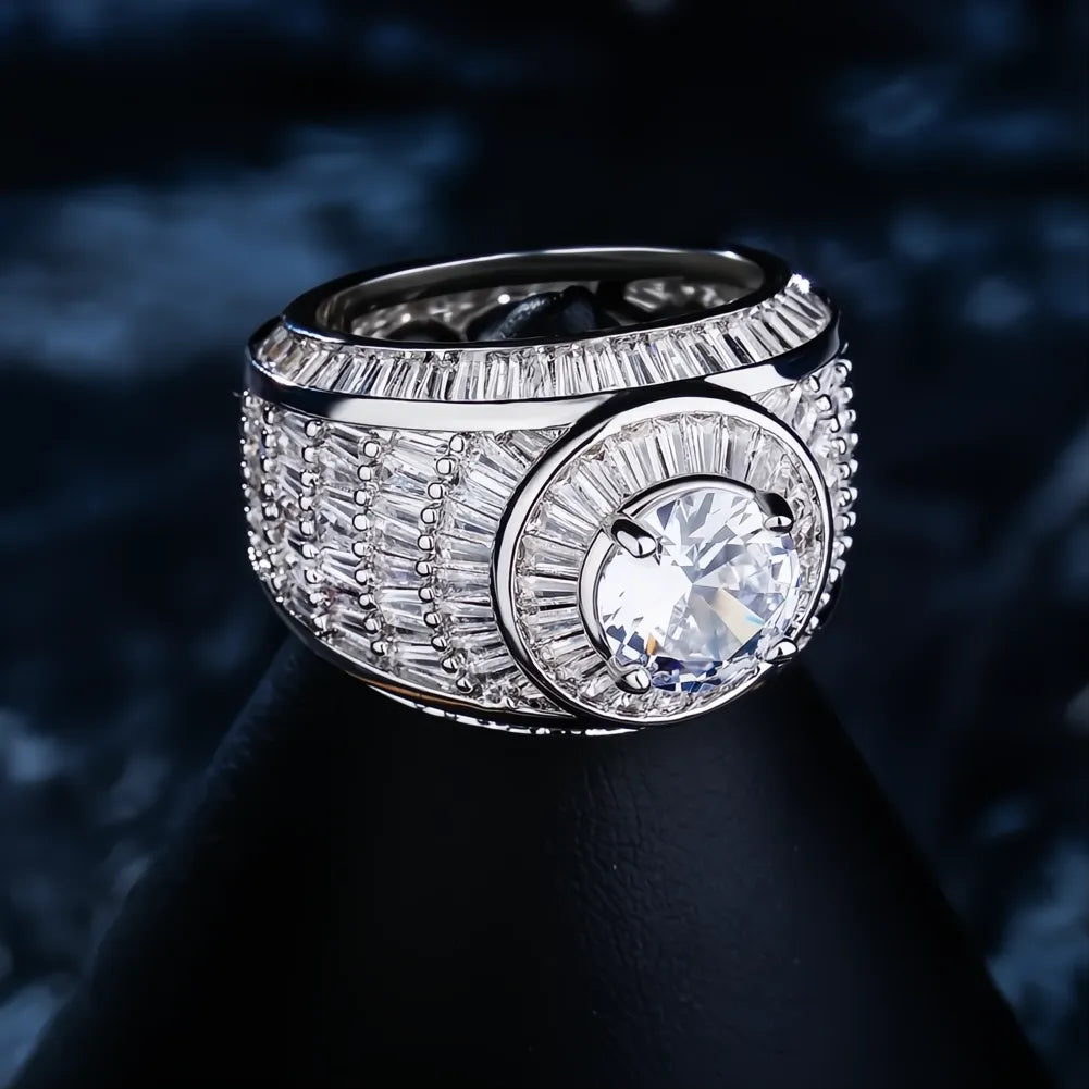 White Gold Color Baguette CZ Ring | Fully Iced Out Hip Hop Rap Bling Jewelry