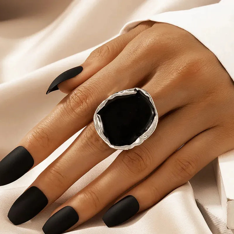 Bohemian Gothic Stainless Steel Large Black Stone Statement Ring for Women