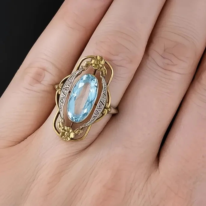 Vintage Two Tone Flower Design Women’s Ring with Inlaid Sky Blue Cubic Zirconia Party Jewelry Gift