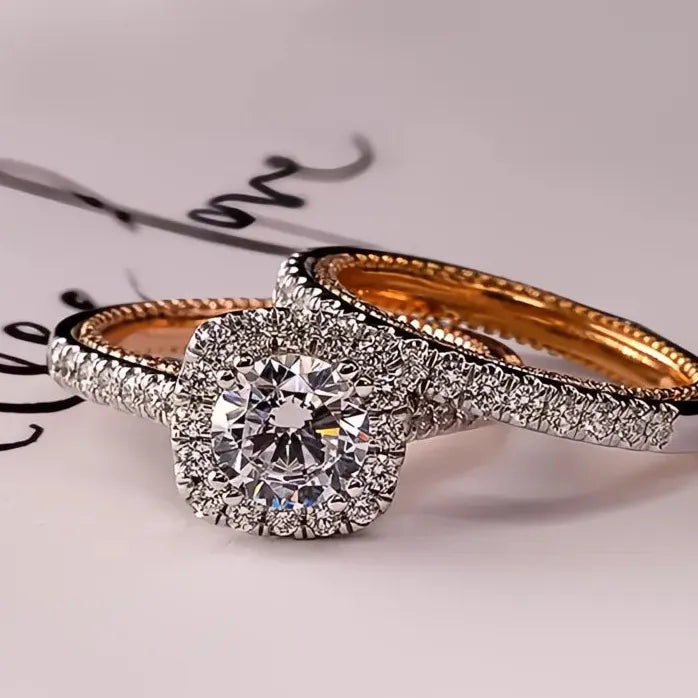 Rose Gold Bridal 2PCS Engagement Rings for Women with Cubic Zirconia