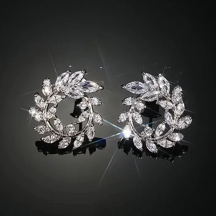 Olive Branch Leaf Stud Earrings for Women Copper Alloy Cubic Zirconia Wedding Jewelry