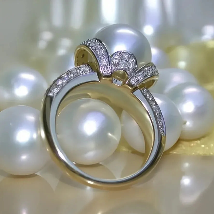 Elegant Gold Imitation Pearl Wedding Ring with Shiny CZ Cubic Zirconia for Women