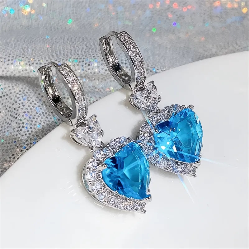 Blue Garnet Heart Cubic Zirconia Drop Earrings for Women Wedding Engagement Jewelry