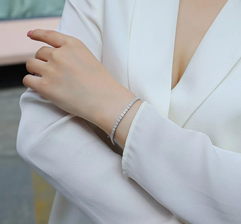 Sterling Silver 925 Tennis Chain Bracelet with Square Moissanite for Women