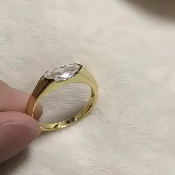 Women’s Brass Wedding Band Ring with Marquise Cubic Zirconia Elegant Geometric Design
