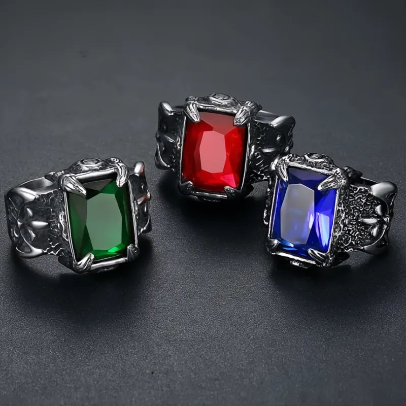 Men's Stainless Steel Viking Dragon Claw Ring with Large Zircon Stone Nordic Axe Punk Biker Jewelry