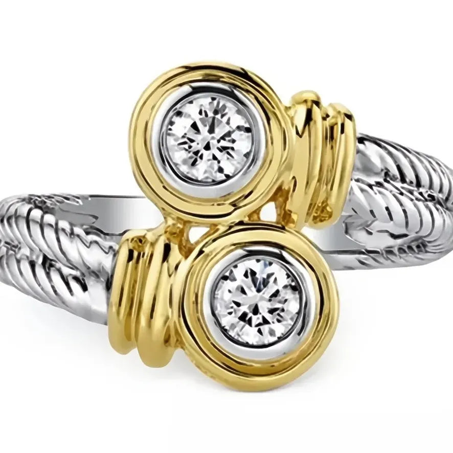 Two Tone Brass Women's Geometric Cubic Zirconia Wedding Band Ring Gift