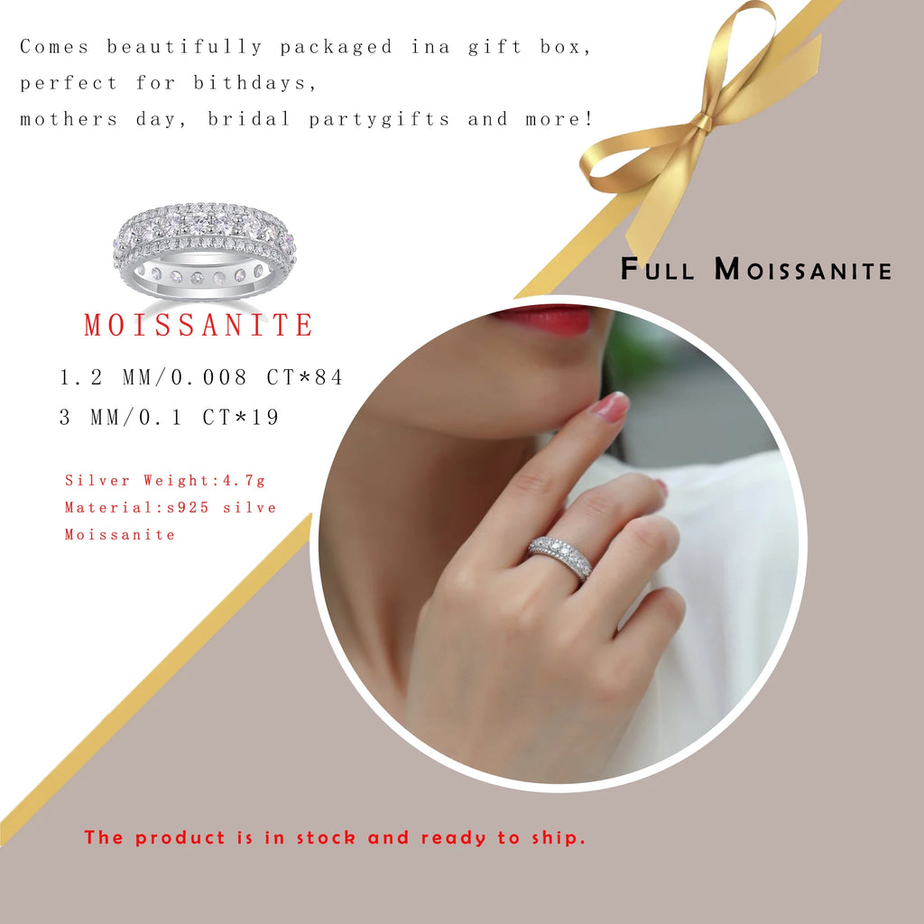 2.572CTW Moissanite Full Eternity Ring 925 Sterling Silver 18K Gold Plated Wedding Band 3 Row