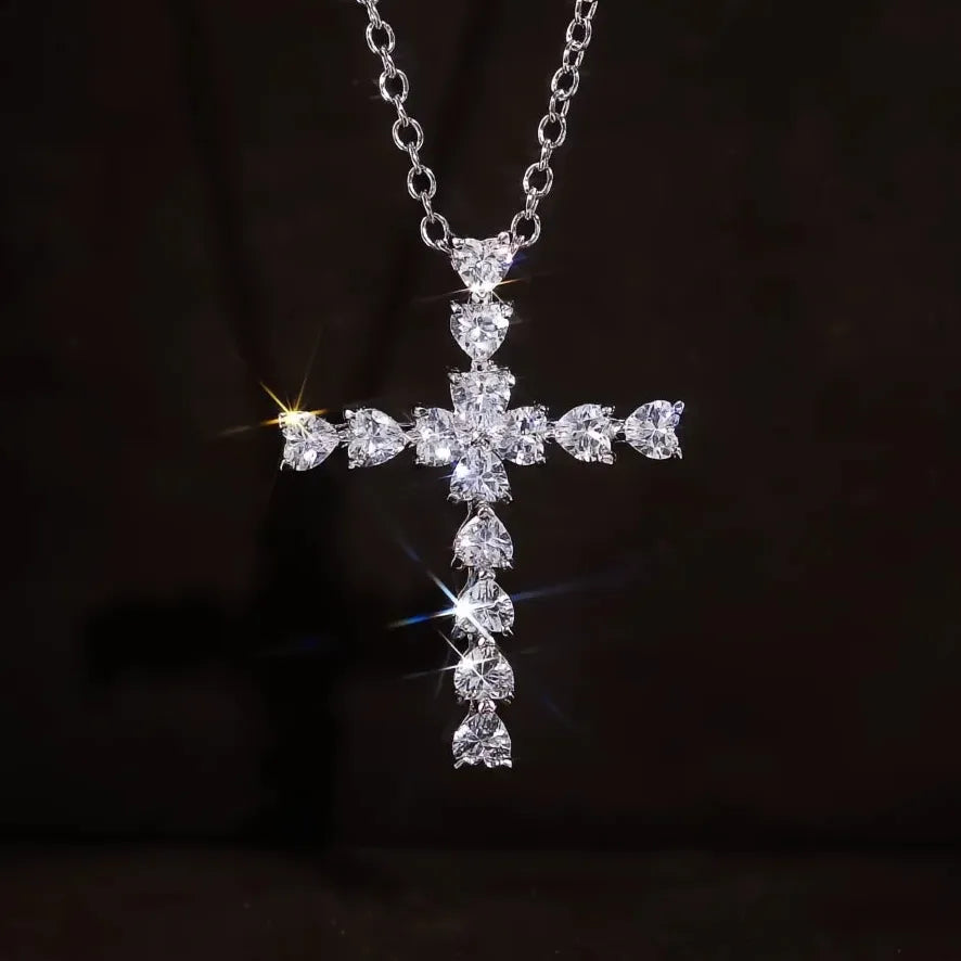 Copper Alloy Crystal Heart Cross Pendant Necklace with CZ for Women Gift