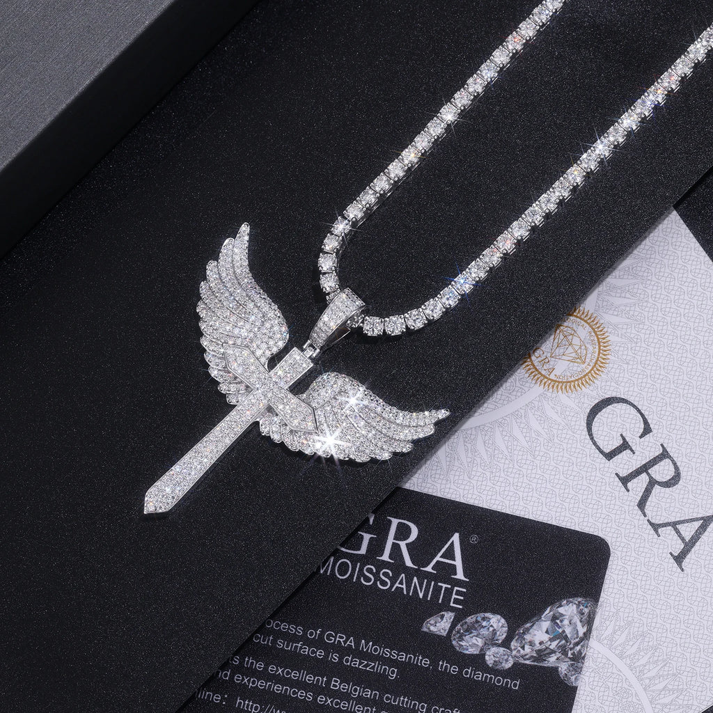Halloween Gothic Cross Angel Wings Necklace 925 Silver Moissanite Pendant Jewelry