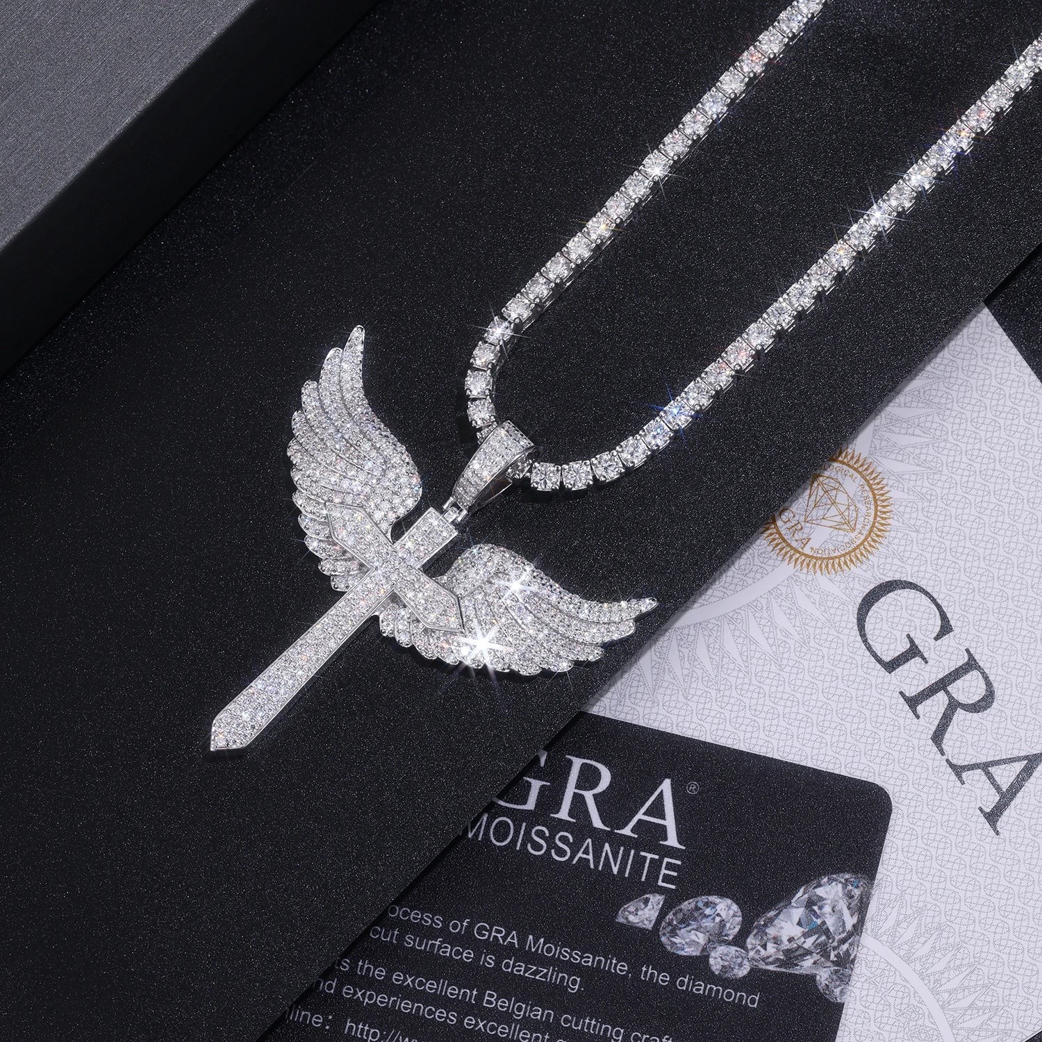 Halloween Gothic Cross Angel Wings Necklace 925 Silver Moissanite Pendant Jewelry