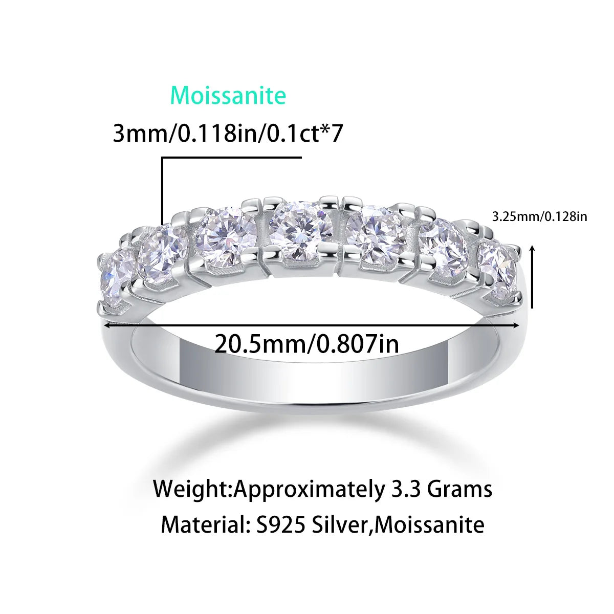 S925 Sterling Silver 0.7CT Moissanite Half Eternity Wedding Anniversary Ring Women