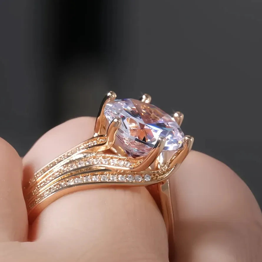 12MM Cubic Zirconia Geometric Bridal Wedding Engagement Ring Gold Brass