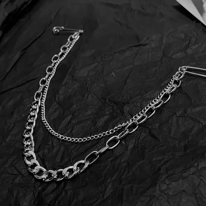 Geometric Zinc Alloy Brooch Double Pin Chain Clip for Men and Women